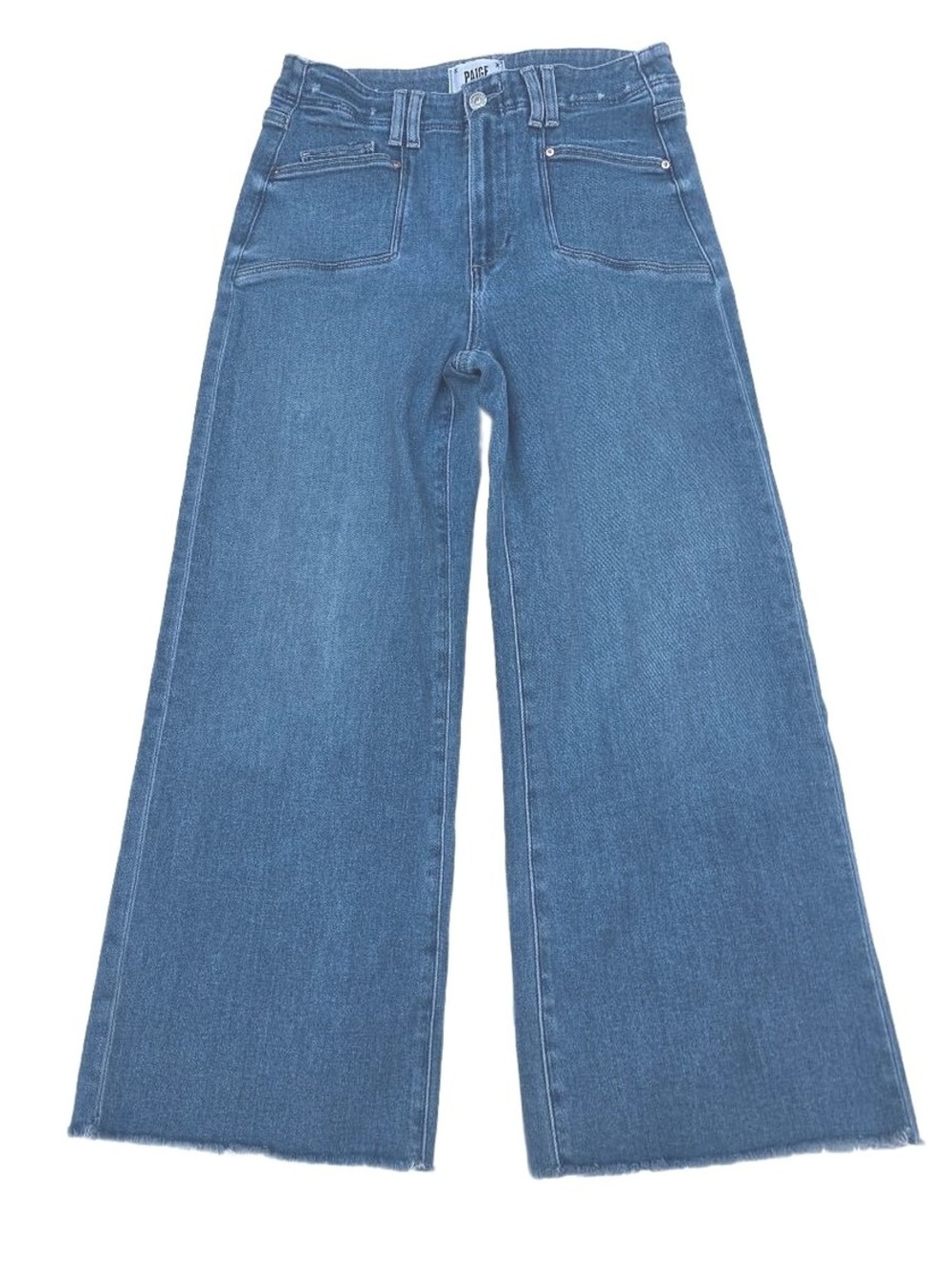 PAIGE Anessa High Rise Patch Pocket Crop Wide Leg Jeans Blue Size 28 Raw Hem